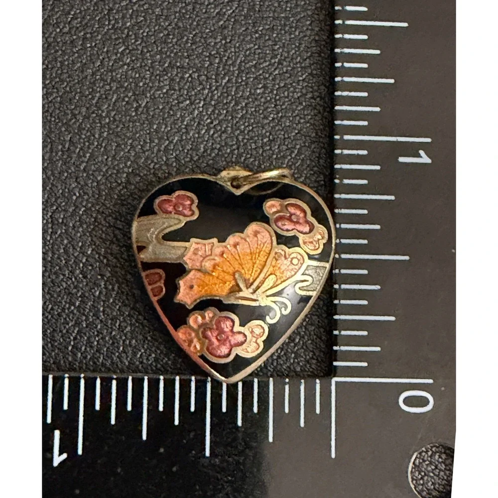 Vintage Cloisonne Pendant Heart Black Butterfly Floral